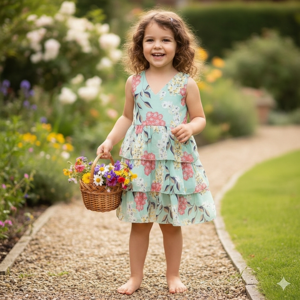 Girls Teal Floral Tiered Sundress Sleeveless V-Neck Summer Garden Party Dress